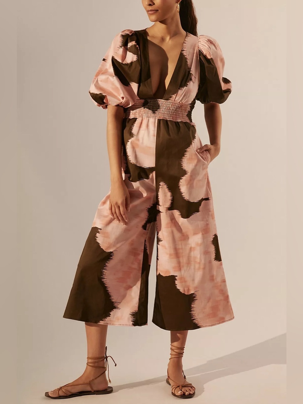 Hutch Anthropologie Floral Plunging Neckline Puff Sleeves Wide Leg Jumpsuit Boho